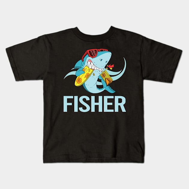 Funny Shark - Fisher Name Kids T-Shirt by Atlas Skate